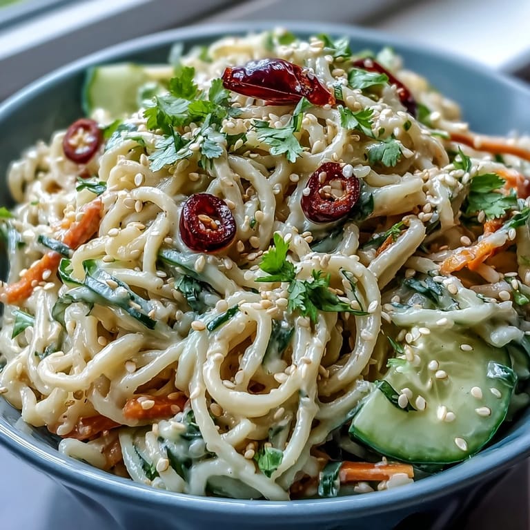 Refreshing cold sesame noodle bowl with julienned cucumber, sesame seeds, and zesty lime, perfect for a light summer meal.