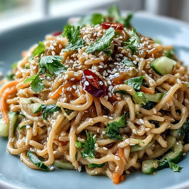 Creamy sesame noodle bowl with crisp cucumber, colorful carrots, and fresh cilantro, served chilled with a tangy lime wedge.