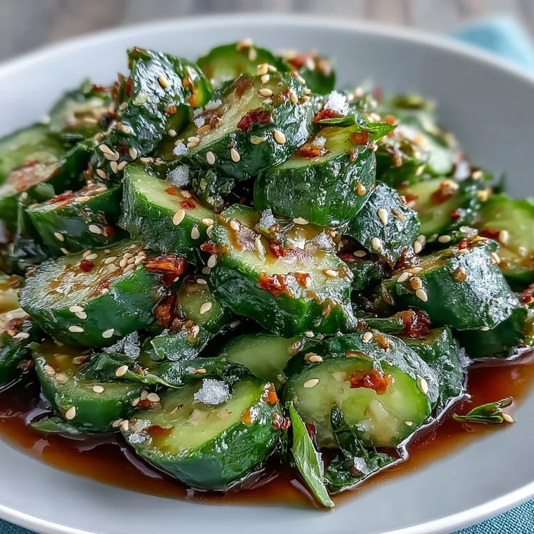 Vibrant Smashed Cucumber Salad, showcasing smashed texture, ready to be enjoyed, Asian-inspired flavor.