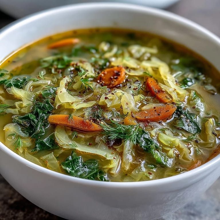Hearty Spring Detox Cabbage Soup featuring tender vegetables, ready to serve with herbs.