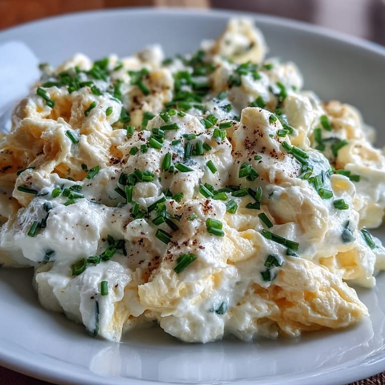 Golden cottage cheese scrambled eggs, gently cooked for a tender, high-protein morning meal.