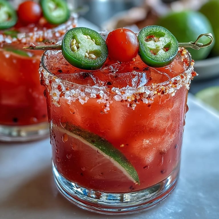 Spicy-sweet, blended watermelon mocktail served ice-cold in salt-rimmed glasses.