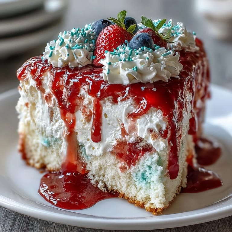 Colorful Memorial Day Red White Blue Poke Cake, bursting with berry fruit flavors.