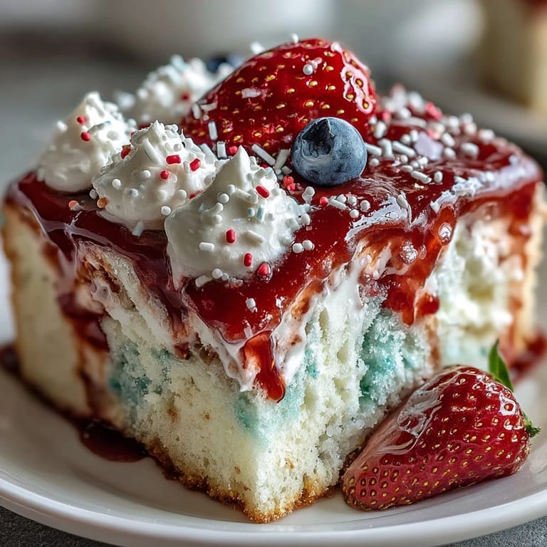 Easy Red White Blue Poke Cake, a patriotic dessert perfect for summer gatherings.
