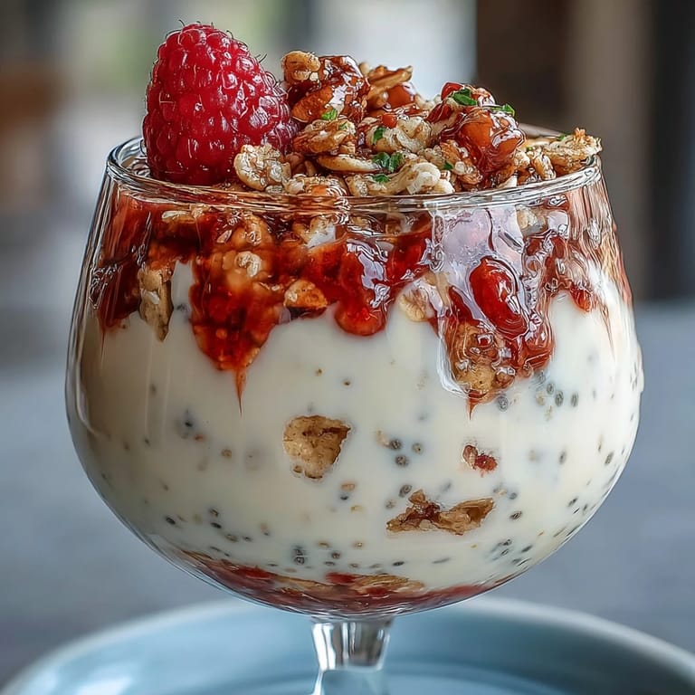 Bright, refreshing Lemon Chia Parfait breakfast with visible pudding and raspberry swirl.