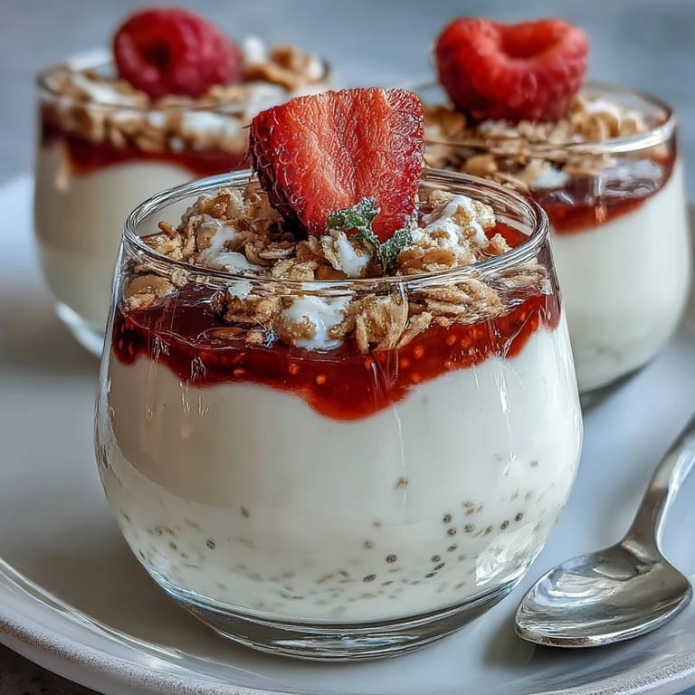 Luscious Lemon Chia Parfait showcasing creamy pudding, red berries, and toasted oats.