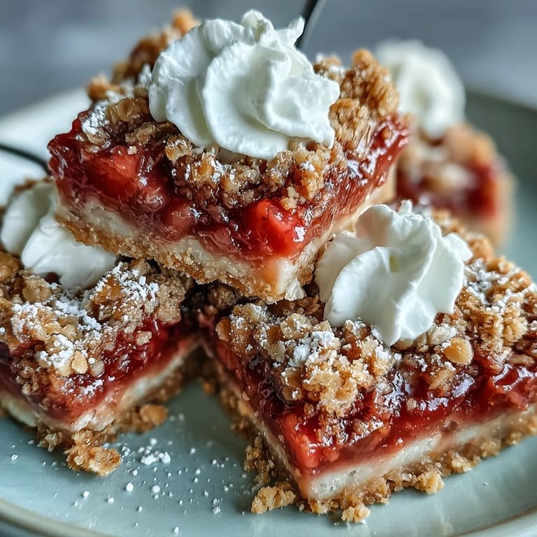 Freshly baked strawberry rhubarb crumble bars ready to be served warm.