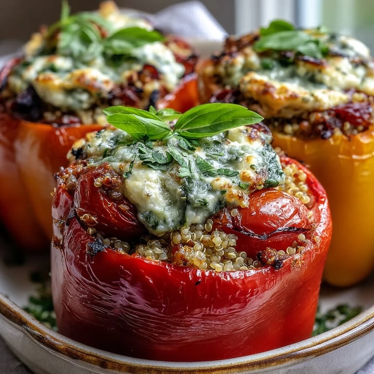 Healthy, colorful quinoa stuffed peppers ready to be enjoyed with family.