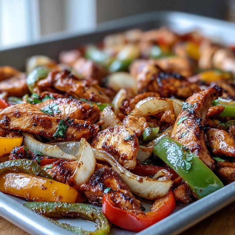 Steaming sheet pan chicken fajitas, a delicious and easy weeknight meal choice.