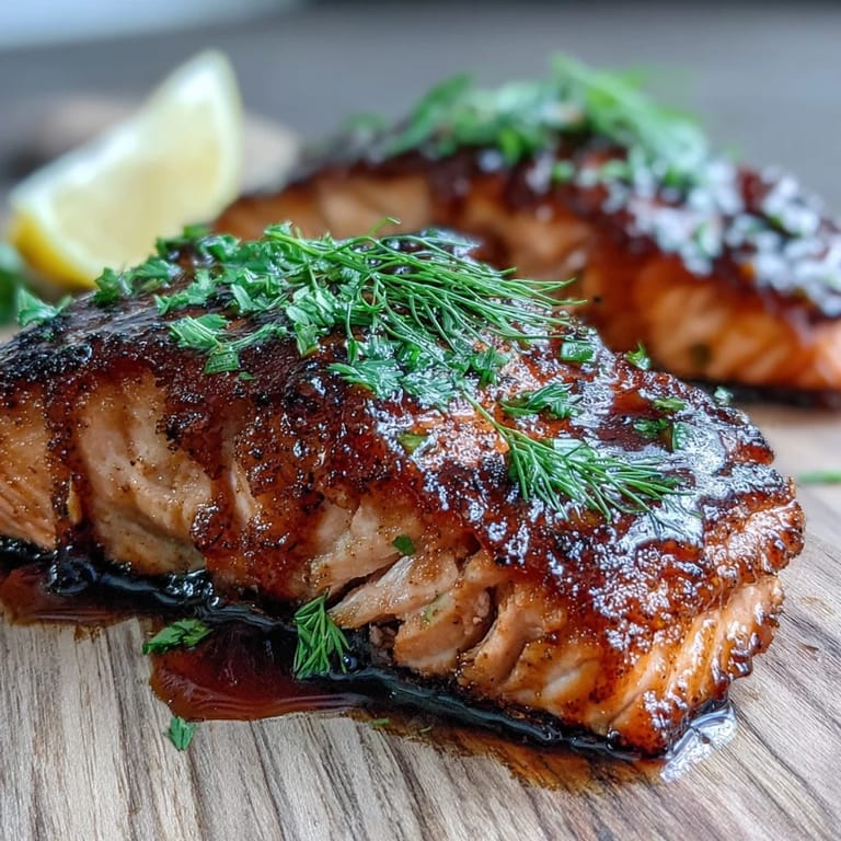 Smoky Cedar Plank Salmon, glistening generously with sweet and tangy Dijon glaze.