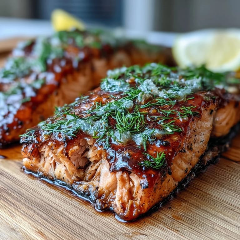 Grilled Cedar Plank Salmon, flaky and tender, topped with a vibrant glaze.