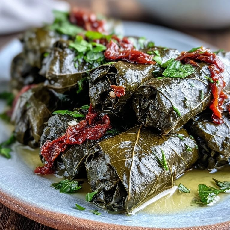 Beautifully arranged Kurdish Dolma, showcasing vibrant green leaves and a hearty vegetarian filling.