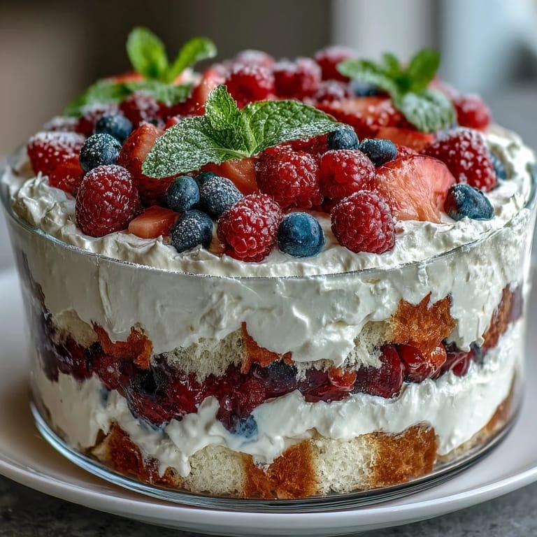 Enjoy this easy Red White Blue Berry Trifle with vibrant fruit and sweet whipped cream.
