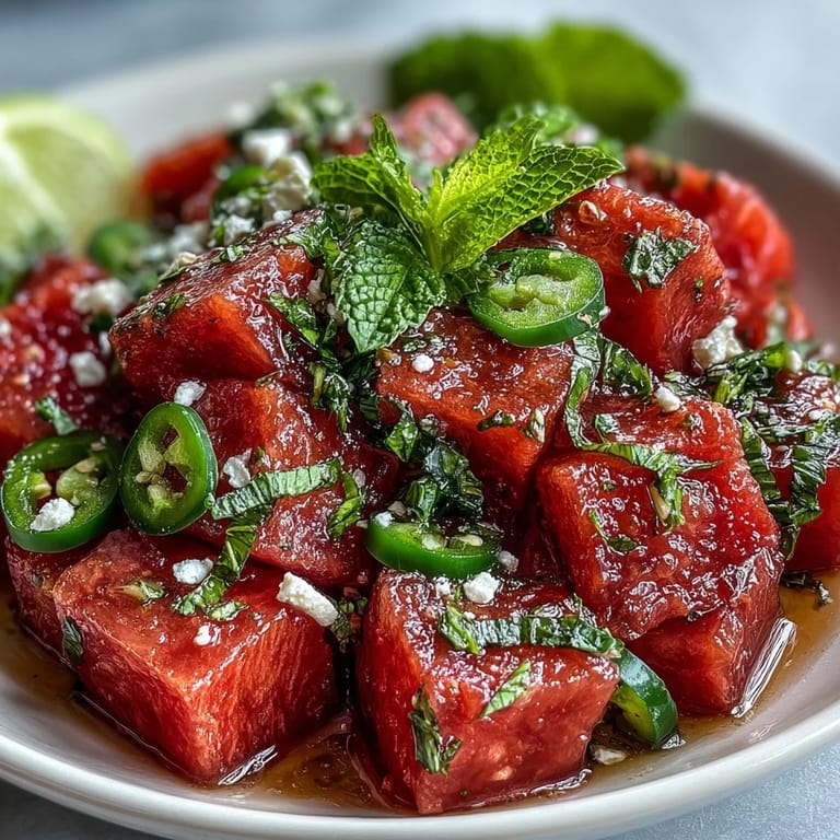 Close-up of a refreshing watermelon salad with mint and a hint of chili lime zest.
