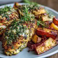 A sheet pan of herb-crusted chicken breasts and roasted root vegetables, golden and fragrant from the oven.
