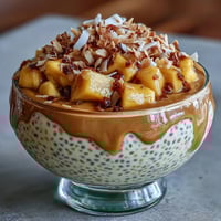 Vegan mango sago-inspired chia pudding cups with creamy coconut milk, layered with luscious mango purée and topped with toasted coconut flakes.