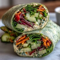 Vibrant spring vegetable and hummus wraps with spinach tortillas, packed with colorful veggies and creamy hummus for a fresh, healthy meal.  