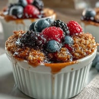 Simple Berry Crumble with Oat Topping, a warm dessert with juicy mixed berries and a golden crisp topping, served in a rustic ramekin.