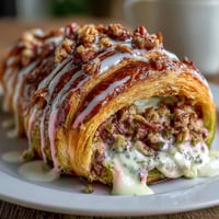 Decadent King Cake stuffed croissants filled with spiced pecan cream and drizzled with festive icing.  