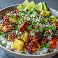 Vibrant chicken pineapple taco bowls with coconut rice, topped with fresh pineapple salsa and creamy avocado slices.  