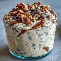 Protein-packed overnight oats with cookie dough flavor, creamy oats mixed with chocolate chips and almond butter for a nutritious breakfast.