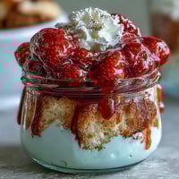 Fresh Strawberry Shortcake Mason Jar Parfaits with fluffy shortcake, juicy strawberries, and whipped cream in charming jars.