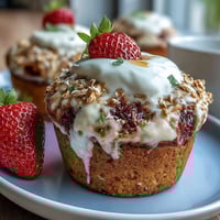 Moist strawberry muffins with Greek yogurt and oats, fresh berries peeking through golden tops.