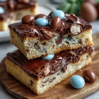 Chewy Cadbury Egg Cookie Bars with pastel M&Ms, loaded with colorful candy and perfect for Easter dessert trays.