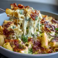 One-pot cheesy pasta bake with melted mozzarella and Parmesan in a rich tomato sauce.