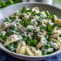 Creamy Pea and Ricotta Pasta with Mint, a fresh and vibrant spring dish, served in a bowl with bright green peas and fragrant herbs.