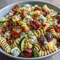 Vibrant picnic pasta salad with Italian dressing, featuring colorful veggies and mozzarella pearls.  