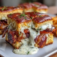 Warm mini sliders with turkey, bacon, and creamy Mornay sauce on soft brioche buns, garnished with parsley.  