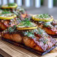 Cedar Plank Salmon with Lemon Dill grilling over smoky cedar, fresh herbs, and lemon slices for a summer dinner.
