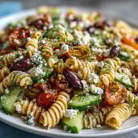 A vibrant Greek-style pasta salad with feta, olives, and fresh vegetables, perfect for summer gatherings.  