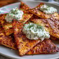 Golden pita chips with tzatziki dip, a crispy Mediterranean snack perfect for sharing.  
