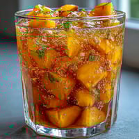 Vibrant mango peach sparkling tea with juicy fruit slices and fresh mint, served over ice in a clear glass pitcher.