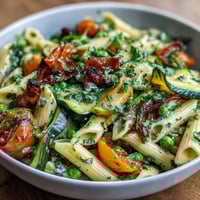 Vibrant spring pasta primavera with fresh vegetables in a light herby sauce, topped with Parmesan cheese.