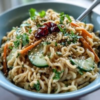 Cold sesame noodle bowl with cucumber, vibrant veggies, and creamy sesame sauce, garnished with fresh herbs and chili slices.