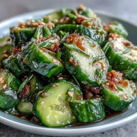 Close-up of Smashed Cucumber Salad, vividly green, speckled with sesame seeds and scallions.
