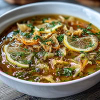 Vibrant Spring Detox Cabbage Soup with lemon, ginger, garnished with fresh parsley.