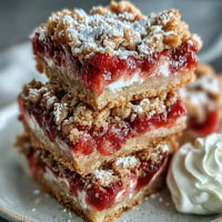 Golden baked strawberry rhubarb crumble bars with bubbling fruit filling.