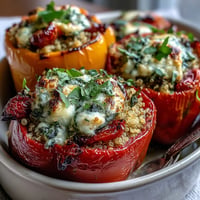 Golden baked quinoa stuffed bell peppers topped with melted goat cheese.