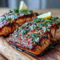 Juicy Cedar Plank Salmon with a glossy maple Dijon glaze, perfectly grilled.