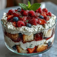 Red White Blue Berry Trifle: layers of fluffy cake and fresh berries topped with cream.